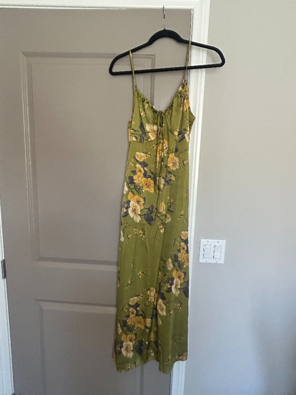 Green Floral Satin Midi Dress Tie Front Bustier Slip Side Slit